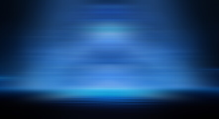 Modern minimalistic, futuristic studio background. Dark background with lines and spotlights, neon light, night view. Abstract blue background. Empty stage.