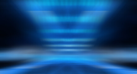 Obraz premium Modern minimalistic, futuristic studio background. Dark background with lines and spotlights, neon light, night view. Abstract blue background. Empty stage.