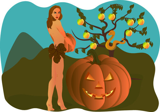 Eve in the paradise Halloween pumpkin illustration
