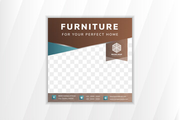 social media banner for home furniture use square layout. brown for background and blue gradient element design. transparency halftone dot pattern. space for photo collage. Abstract geometric style.