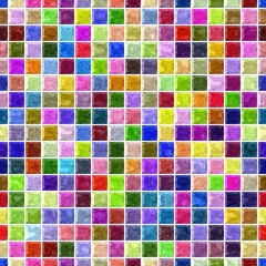 surface floor marble mosaic pattern seamless square background with white grout and vibrant full color rainbow spectrum - red, blue, yellow, purple, violet, green