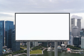 Fototapeta na wymiar Blank white road billboard with Singapore cityscape background at day time. Street advertising poster, mock up, 3D rendering. Front view. The concept of marketing communication to promote.