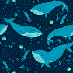 Obraz premium Marine seamless pattern with whales. Vector graphics.