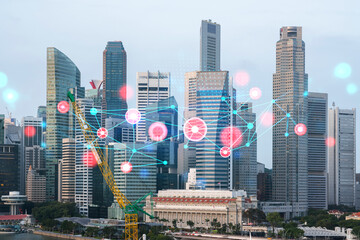 Abstract technology icons hologram over panorama city view of Singapore, Asia. The concept of people networking and connections. Double exposure.