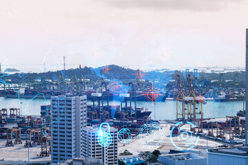 World planet Earth map hologram over panorama city view of Singapore, Asia. The concept of international connections and business. Multi Exposure.