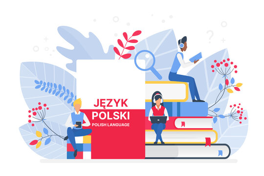 People learning Polish language vector illustration. Poland Distance education, online learning courses concept. Students reading books cartoon characters. Teaching foreign languages