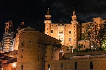 Panoramic view in the evening light, of the city of Urbino, and of the Renaissance Ducal Palace.