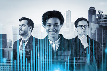 Group of business colleagues working on new venture capital and hi-tech start up and try to...