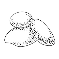 Sea or river pebbles in a doodle style, isolated on white background. Black outline and dots texture, hand drawing sketch. Vector stones pyramid for natural design, aquarium and undersea illustration.