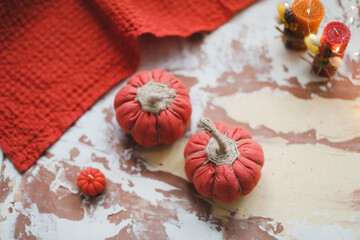Handmade cozy fabric pumpkins for autumn decoration. Home autumn decor. Thanksgiving and Halloween concept