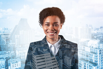 Successful smiling black African American business woman in suit. Bangkok cityscape. The concept of woman in business. Legal consultant. Double exposure.