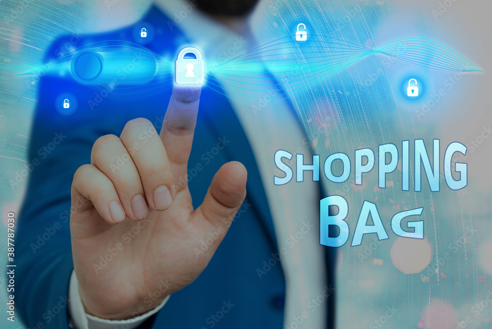Poster handwriting text shopping bag. conceptual photo containers for carrying an individualal possessions 