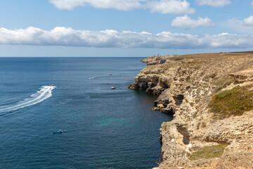 
Boat trips along the beautiful sea. Clear blue sea and rocky coast.