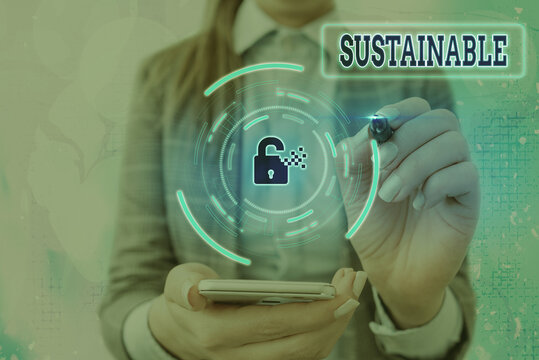 Conceptual hand writing showing Sustainable. Concept meaning the ability to be sustained, supported, upheld, or confirmed Graphics padlock for web data security application system