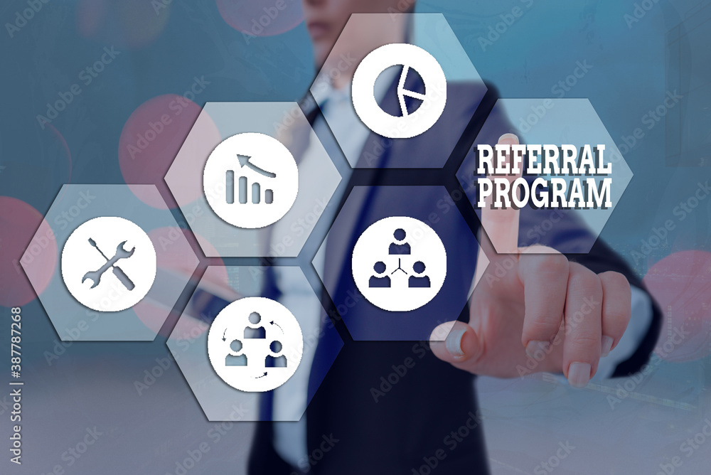 Poster text sign showing referral program. business photo showcasing employees are rewarded for introducing
