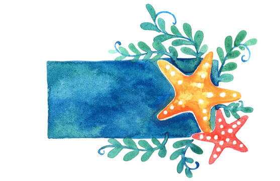 Starfish and seaweed frame watercolor for decoration on summer holiday.