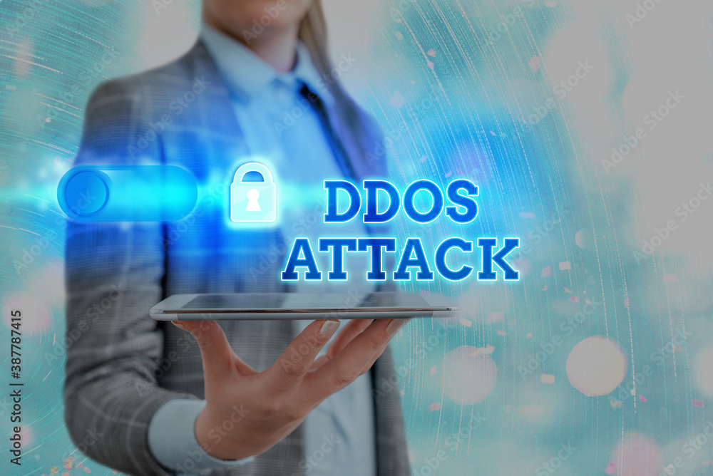 Aufkleber text sign showing ddos attack. business photo showcasing perpetrator seeks to make network resource 