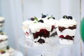 Birthday, holiday celebrations. Mini desserts at the festival. Desserts with fruit. Balls, decor.