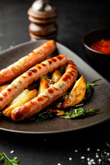 Grilled sausages with fried potatoes, rosemary and basil on a plate