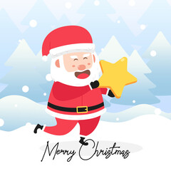 Santa Claus carrying a big star with scene winter landscape.Cute Christmas Character