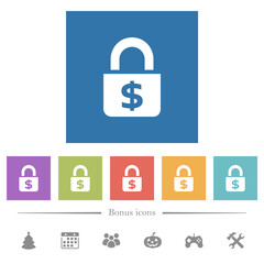 Locked Dollars flat white icons in square backgrounds