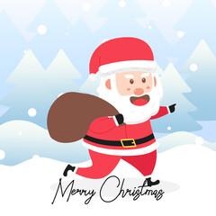 Santa Claus carries a bag of gifts with scene winter landscape.Cute Christmas Character
