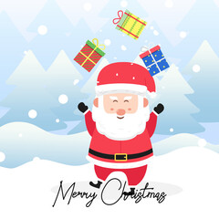 Happy Santa claus with gift box with scene winter landscape.Cute Christmas Character