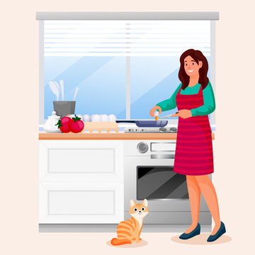 Happy woman cooking scrambled eggs in kitchen. Young girl with red cat makes tasty breakfast. Vector illustration