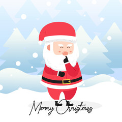 Santa Claus With Finger on Lips and with scene winter landscape.Cute Christmas Character