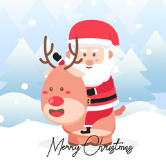 Santa claus riding a deer with scene winter landscape.Cute Christmas Character.