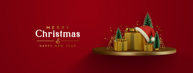 Сhristmas banner. Happy New Year background. Xmas composition golden podium with fluffy pine tree and fir trees, gold 3d gifts boxes, shiny tinsel confetti. Winter greeting desing. vector illustration