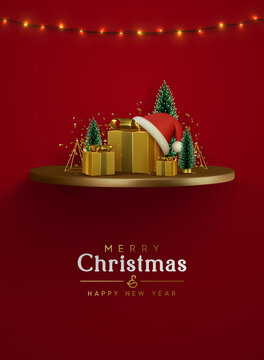 Merry Сhristmas and Happy New Year. Xmas composition golden podium with fluffy pine tree and fir trees, gold 3d gifts boxes, shiny tinsel confetti. Winter greeting desing. Holiday vector illustration