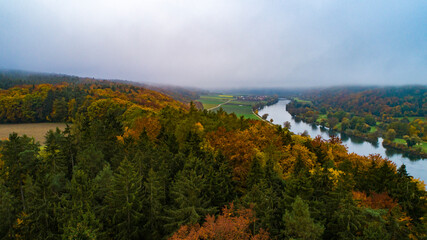 Drone flight over Bavarian autumn landscape