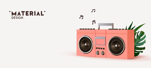 Pink Boombox, audio and music. Modern stylish music receiver. Retro old Realistic 3d object. Party banner, poster, header for website. vector illustration
