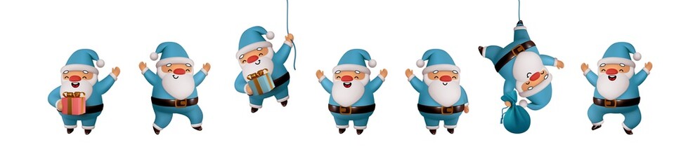Set of Happy Santa Claus in blue clothes. Realistic 3d character compatible doodle emoji elements on face. Collection objects Isolated on white background for Xmas festive design. Vector illustration