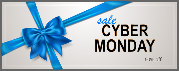 Cyber Monday sale banner with blie bow and ribbons on white background. Vector illustration for posters, flyers or cards.