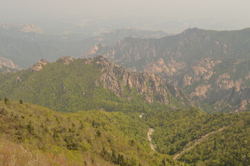 Hiking in the colorful and beautiful Seoraksan Mountains outside of Sokcho in South Korea, Asia