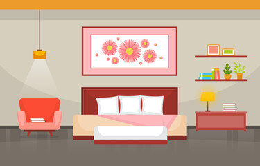 Bedroom Sleeping Room Bed Interior Design Modern House Illustration