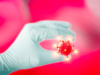 Hand with glove, protect yourself from viruses, how to isolate the virus, search for the vaccine against covid-19. Coronavirus. Medical doctors and hospitals. Fund research. 3d render