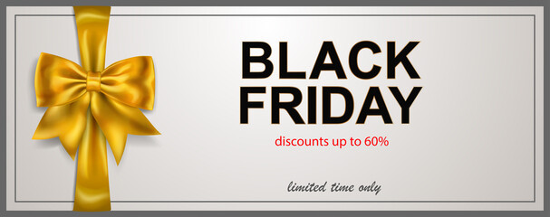 Black Friday sale banner with golden bow and ribbons on white background. Vector illustration for posters, flyers or cards.