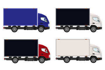 Cargo van, delivery of goods. A set of trucks of different colors. Vector illustration.