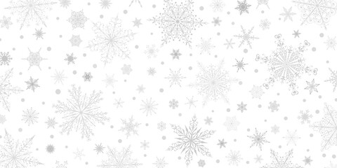 Christmas background of various complex big and small snowflakes, gray on white