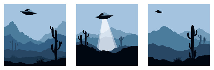 Abstract landscape with UFO / Set vector illustrations, backgrounds, triptych, flying saucer over mexico © imagination13