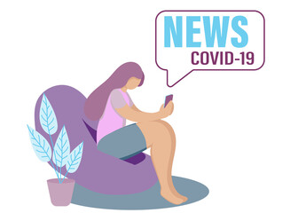 Fresh news concept. A woman sitting at home in an armchair reading news from a smartphone about the COVID-19 virus. Pandemic, stay home. Stock illustration isolated on white background.