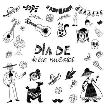 Day of the dead hand drawn black and white collection. National fest carnival. Isolated elements. Mexican ethnic memorial celebration. Vector. Sticker pack, decoration, clipart for your designs.