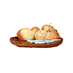 Heart shaped cookies with sesame seeds on a ceramic plate. Hand drawn watercolor clipart isolated on white background. Design for menu, cafe, restaurant, labels, cuisine.