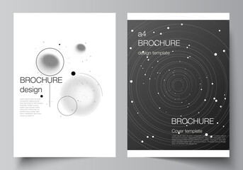 Vector layout of A4 format cover mockups design templates for brochure, flyer layout, booklet, cover design, book design, brochure cover. Tech science future background, space astronomy concept.