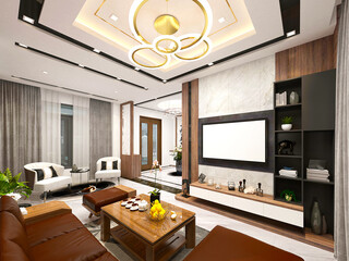3d render of modern luxury house interior living room