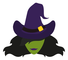 Witch with Long Hair, Sexy Lips and Pointy Hat, Vector Illustration