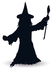 Silhouette of Powerful Wizard with Hat and Magical Staff, Vector Illustration